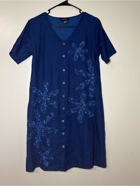 Marisol Lightweight Denim Button-Front Midi Dress with Floral Embroidered Detail